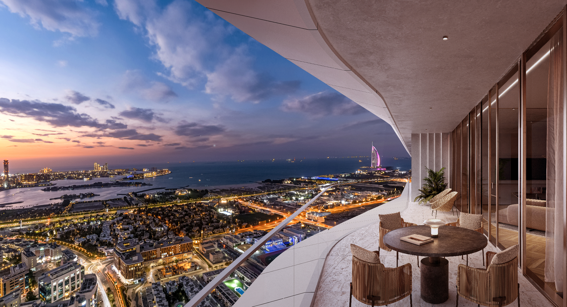 Private terrace with panoramic evening city and sea views