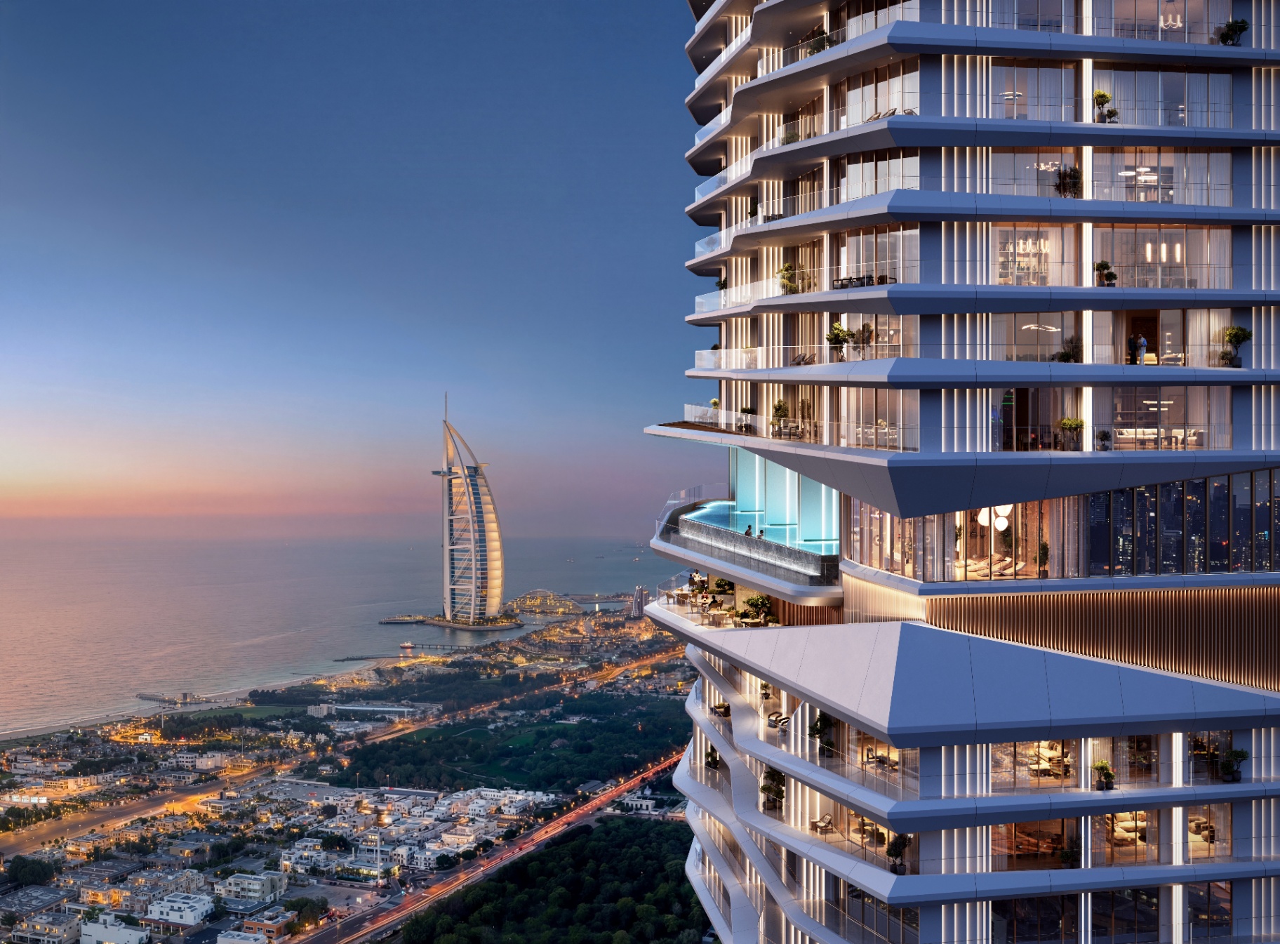 Tower exterior with Burj Al Arab and Dubai coastline