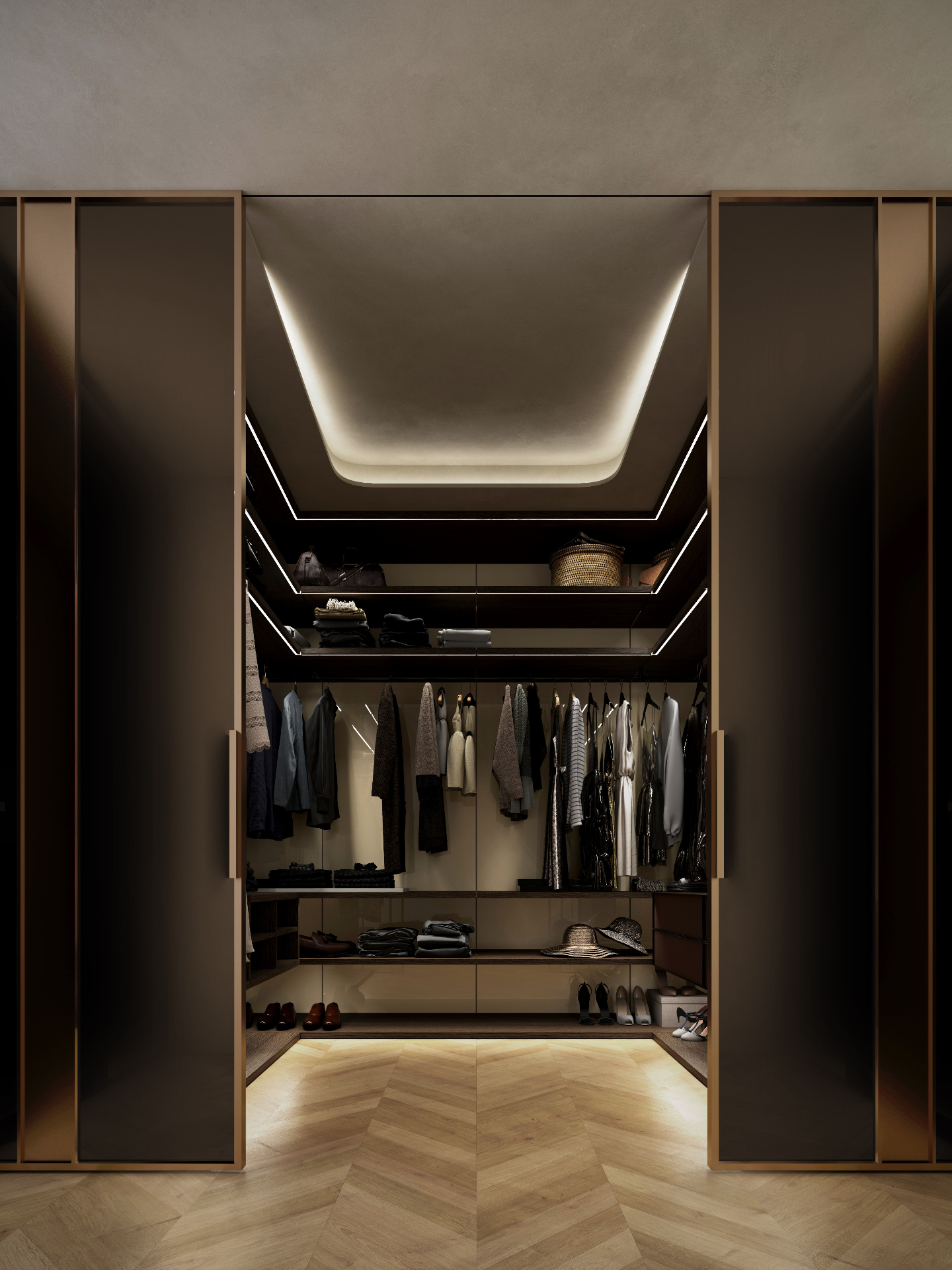 Elegant walk-in wardrobe with soft lighting and refined timber finishes