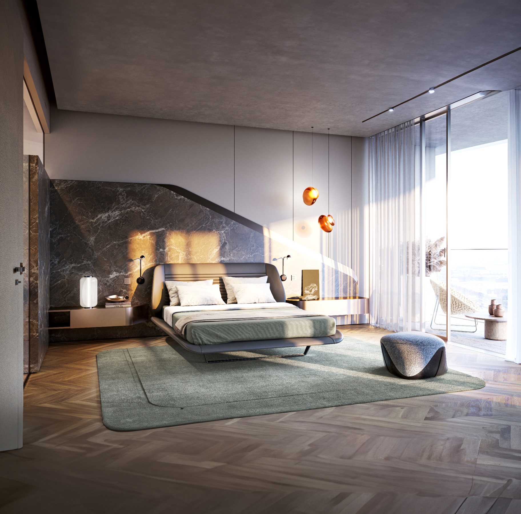 Master bedroom with marble feature wall and private terrace