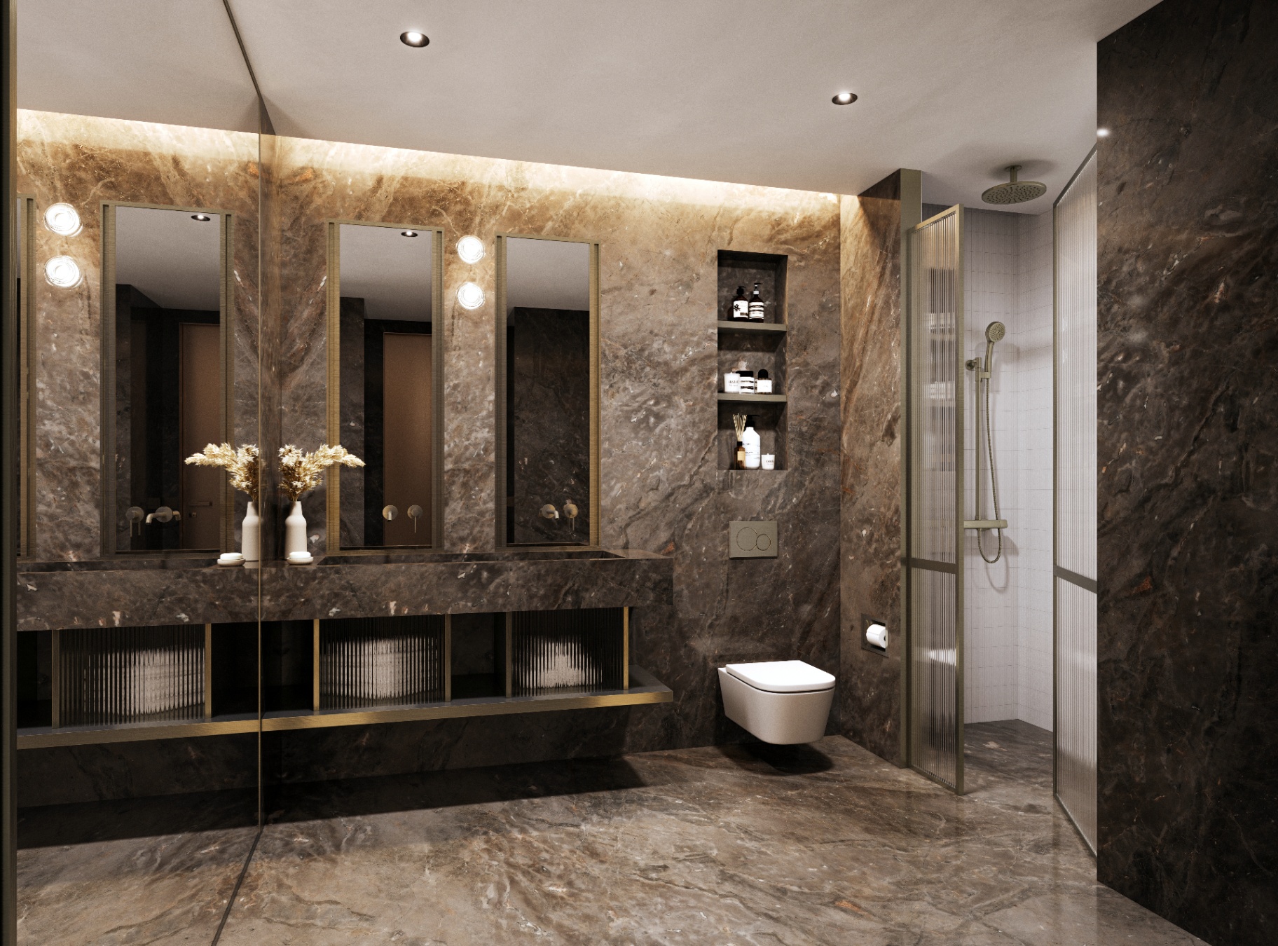 Luxurious bathroom with marble finishes and brass accents